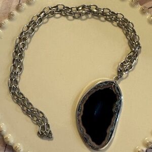 Silver and Black Agate Pendant Necklace